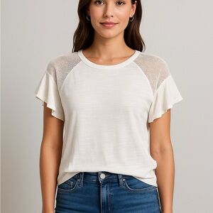 Vince Camuto White Mesh Shoulder Tee | Ruffle Sleeve Blouse, Size Small